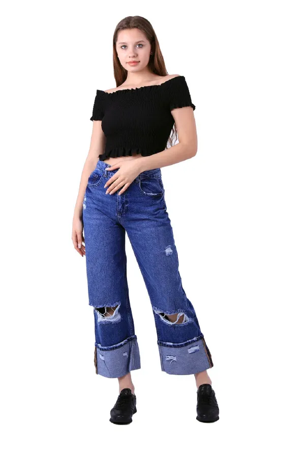 Lazer Detaylı Bol Paça Kot Pantolon  1700-01-(27-32)
