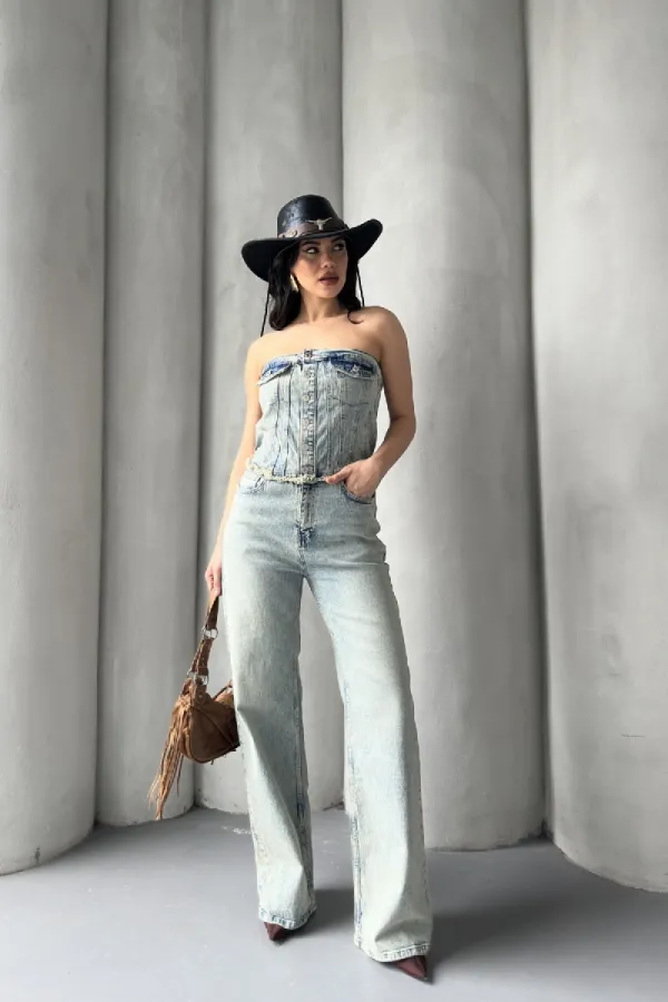 Straplez Düğmeli Kot Tulum 3023-42-(XS-XL-7)