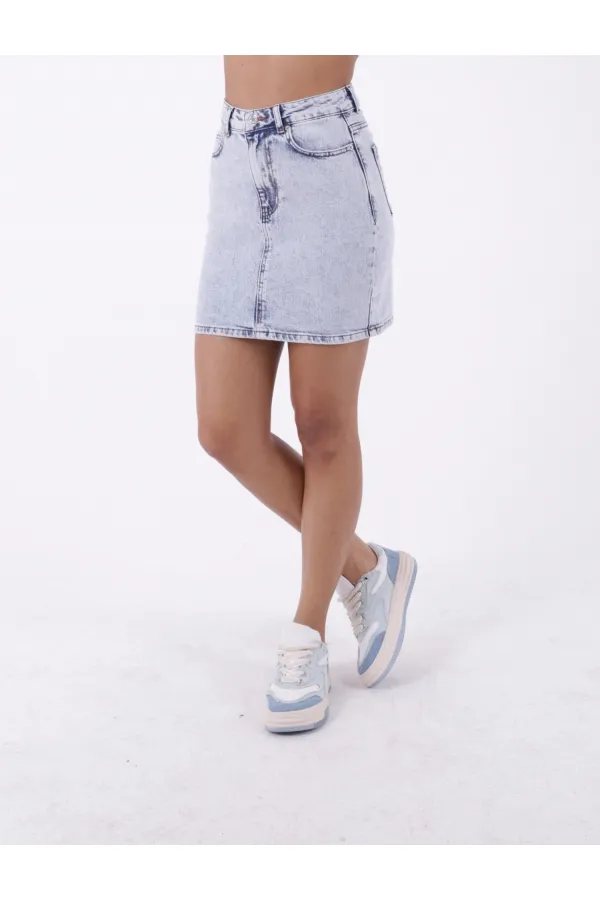 Short Length Denim Skirt with Stitched Hem 1036-08-(S-XL-6) Snow Light Blue