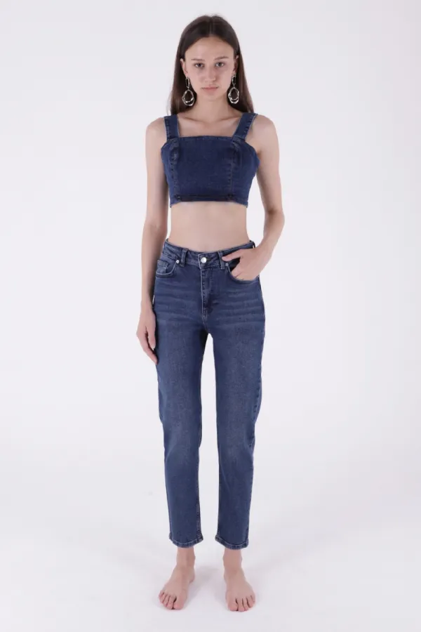 High Waisted Comfort Slim Ankle Length Jean  896-01-(28-33) Dark Blue Denim