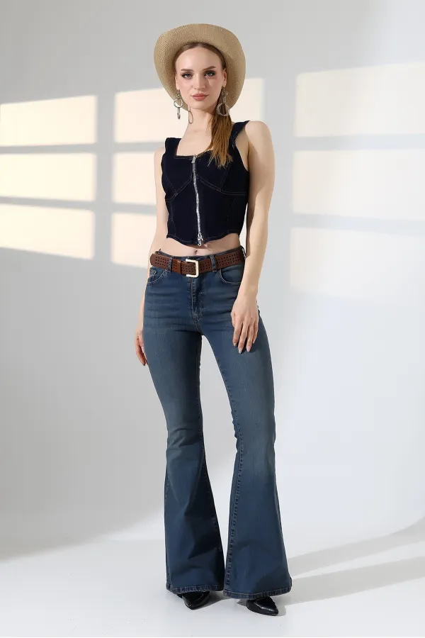 Wide Leg Flared Jean 7067-62-(27-32) Middle Blue - Tinted