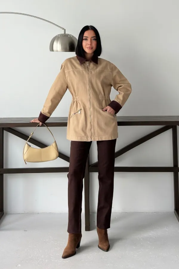 Velvet Piece Detailed Zippered Denim Jacket 6129-70-(S-XL) Camel