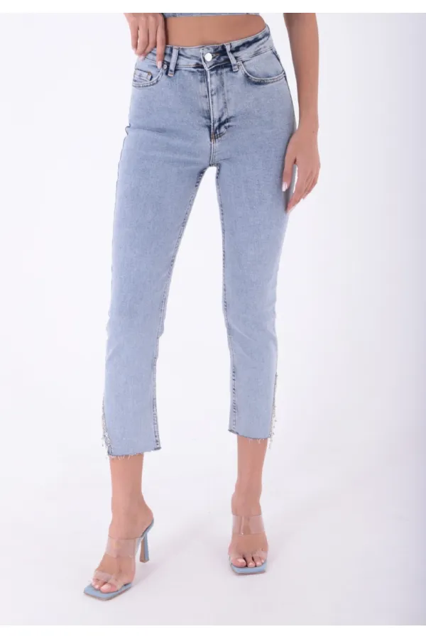 High Waisted Mom Jean with Rhinestones on Leg Hems Sides 1881-08-(26-28) Snow Light Blue High Waisted Mom Jean with Rhinestones on Leg Hems Sides 1881-08-(26-28) Snow Light Blue