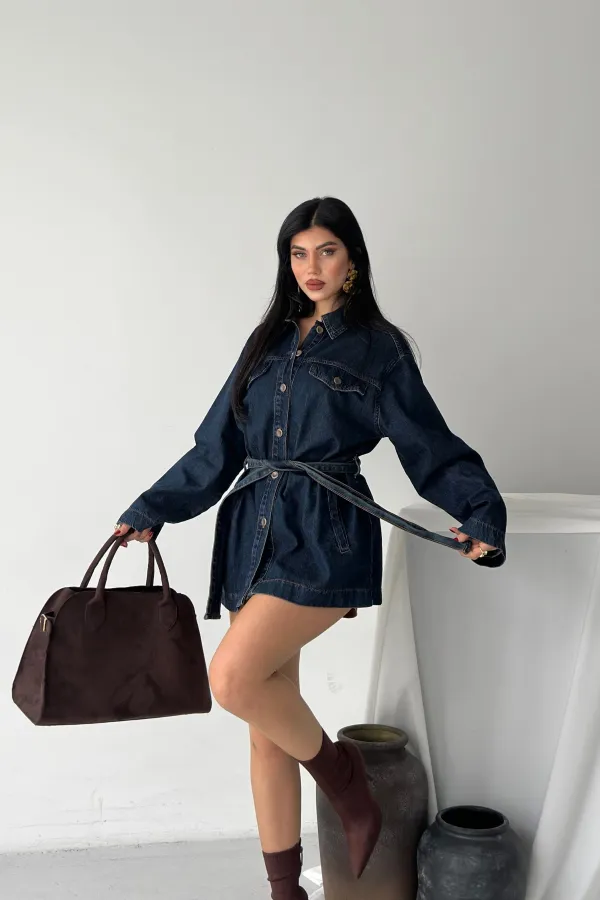 Belted Oversize Shirt 6250-19-(S-L-3) Dark Blue Intense Tinted