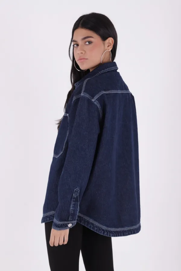 Oversize Denim Jacket with Octagonal Pocket and Stitching Detail 6069-17-(S+L+4) Slubbed Navy Blue Oversize Denim Jacket with Octagonal Pocket and Stitching Detail 6069-17-(S+L+4) Slubbed Navy Blue