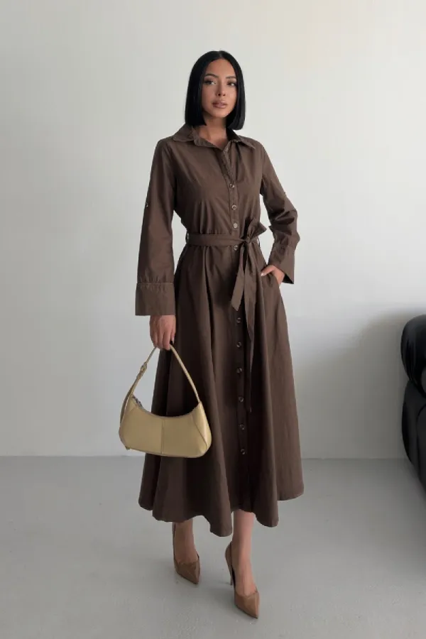 Düğmeli Uzun Boy Kot Elbise 3047-78-(S-XL)