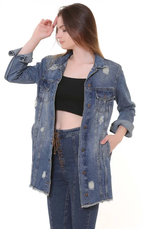 Fringe Finish Boyfriend Denim Jacket 679-62-(S-XL-6) Middle Blue - Tinted Fringe Finish Boyfriend Denim Jacket 679-62-(S-XL-6) Middle Blue - Tinted