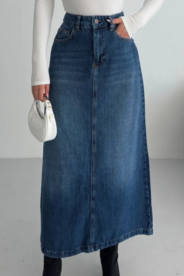 Long Denim Skirt 1082-01-(36-42-6) Dark Blue Denim