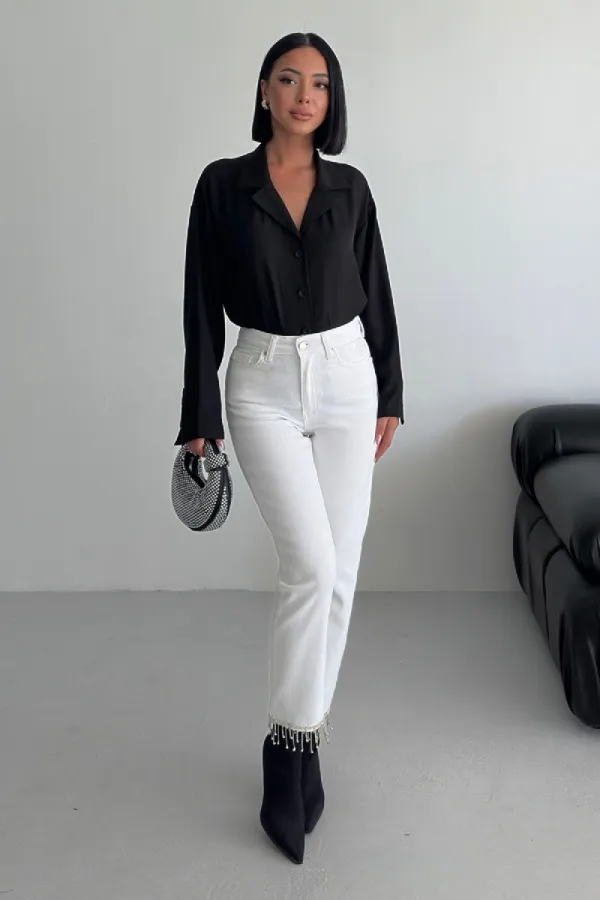 Fringe Ending High Rise Mom Fit Jean with Rhinestones on Legs 1890-50-(28-33) White