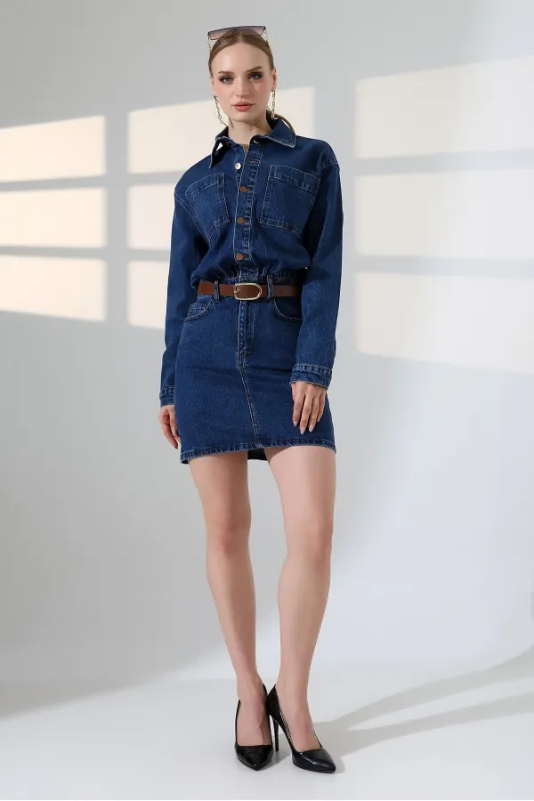 Robe mini en jean boutonnée 3027-01-(SL-3)