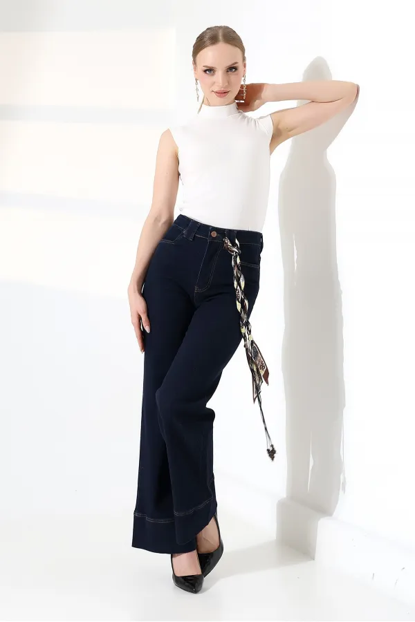 Palazzo Jeans with Hem Detail 7164-17-(27-32) Slubbed Navy Blue Palazzo Jeans with Hem Detail 7164-17-(27-32) Slubbed Navy Blue