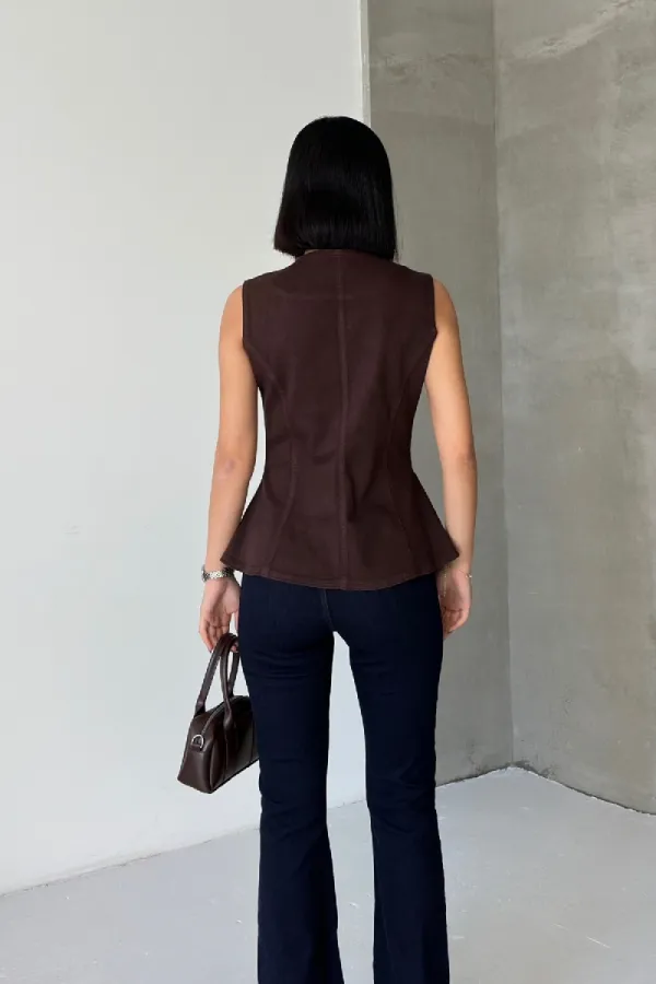 Denim Vest with Slit Front 6086-78-(XS-L) Brown