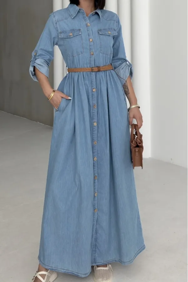 Düğmeli Uzun Kot Elbise 3041-25-(S-XL) Düğmeli Uzun Kot Elbise 3041-25-(S-XL)