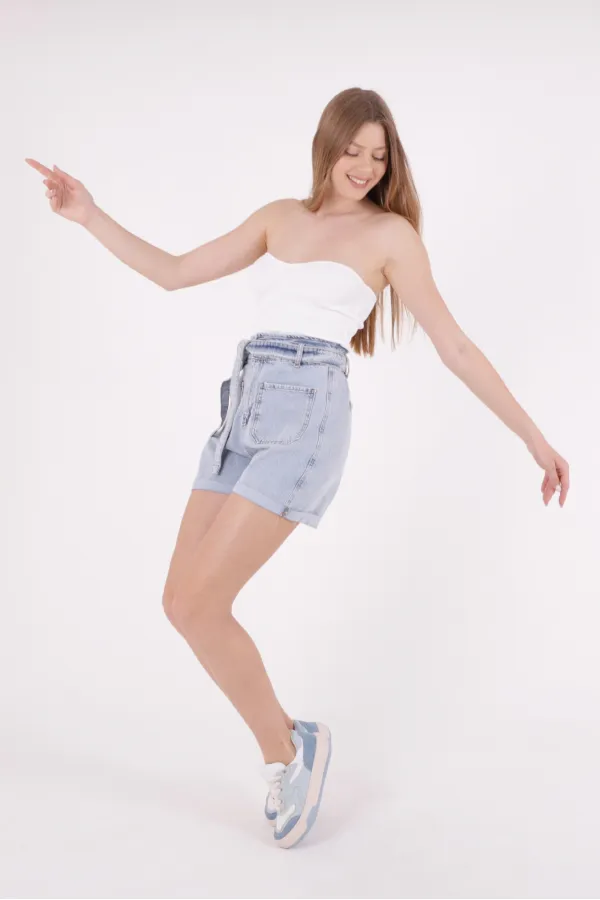 Elasticated Waist Denim Short with Belt 233-08-(S-XL-6) Snow Light Blue Elasticated Waist Denim Short with Belt 233-08-(S-XL-6) Snow Light Blue