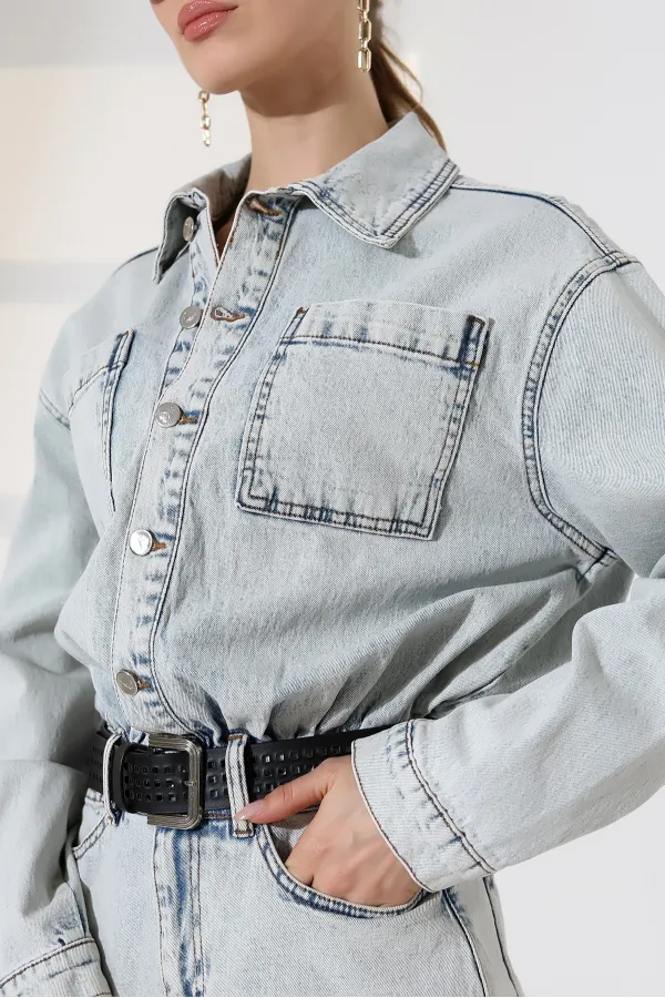 Buttoned Mini Denim Dress 3027-08-(S-L-3) Snow Light Blue