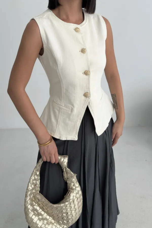 Denim Vest with Slit Front 6086-80-(S-XL) Natural