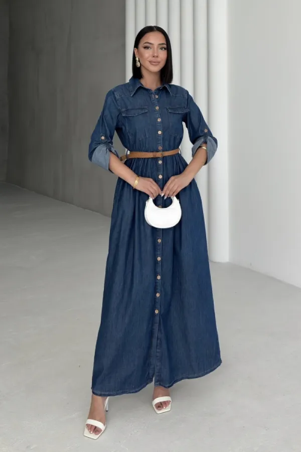 Düğmeli Uzun Kot Elbise 3041-26-(S-XL)