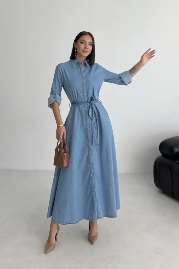 Düğmeli Uzun Boy Kot Elbise 3047-27-(S-XL)