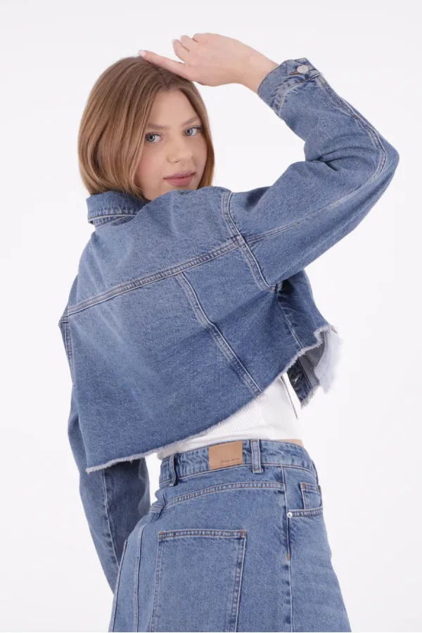 Denim Short Jacket with Revealed Pocket Liners 6016-15-(S-XL-6) Light Blue Denim Denim Short Jacket with Revealed Pocket Liners 6016-15-(S-XL-6) Light Blue Denim