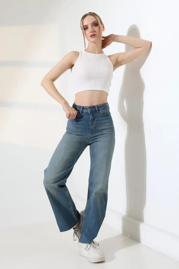 Wide Leg Palazzo Relaxed Jean with Decorative Front Pockets  1710-62-(30-36) Middle Blue - Tinted