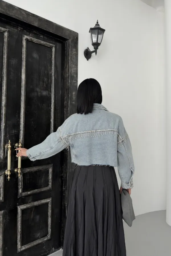 Taşlı Kısa Oversize Kot Ceket  6084-08-(S-L-5)