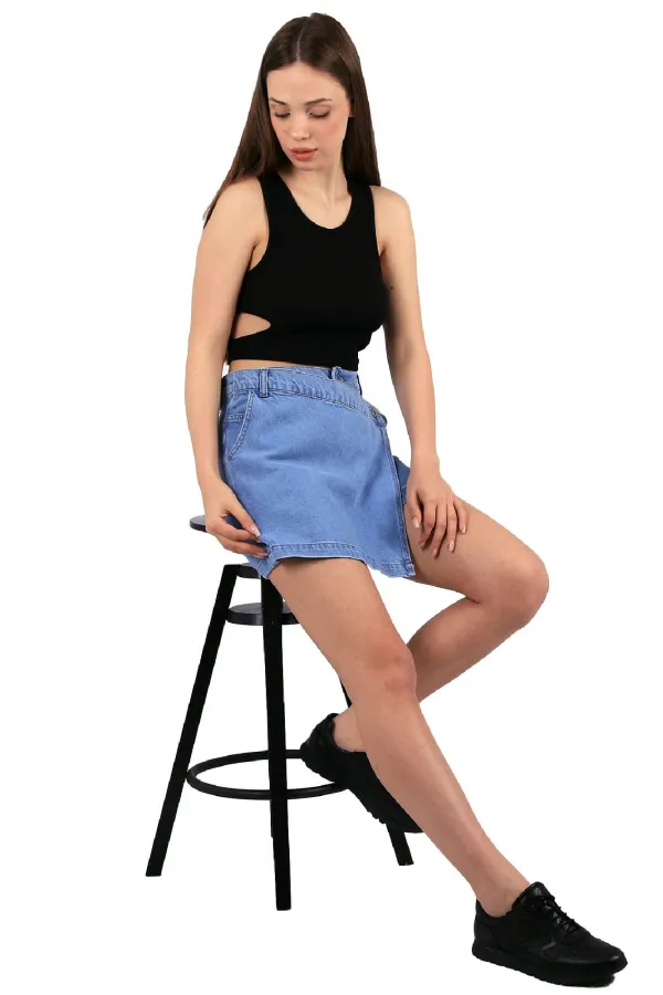 Extra Covered Denim Short Skirt 290-15-(S-L-5) Light Blue Denim Extra Covered Denim Short Skirt 290-15-(S-L-5) Light Blue Denim