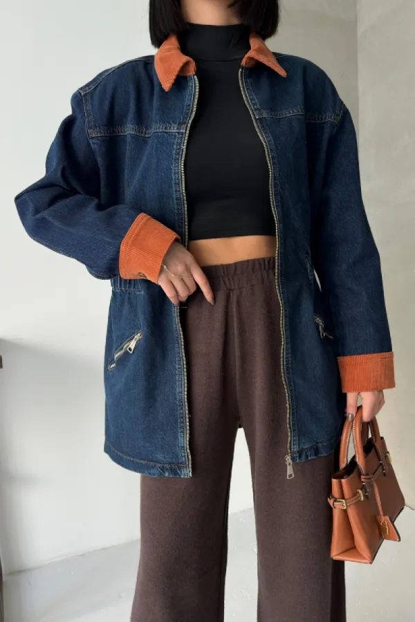 Velvet Piece Detailed Zippered Denim Jacket 6129-26-(S-XL) Regular Dark Blue