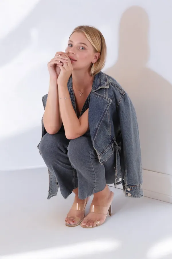 Short Denim Jacket with Belt on Waist 6026-62-(XS-M-6-1) Middle Blue - Tinted Short Denim Jacket with Belt on Waist 6026-62-(XS-M-6-1) Middle Blue - Tinted