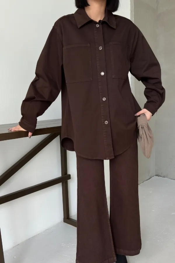 Oversize Denim Jacket with Buttons 6080-78-(S+L+3) Brown