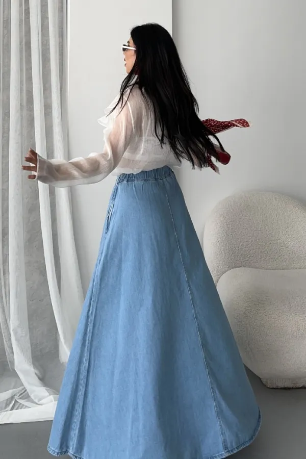 Ruffled Long Skirt 1069-25-(36-44) Middle Blue
