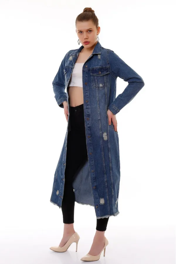 Ripped Long Denim Jacket 680-02-(S-XL) Dark Tinted Denim Ripped Long Denim Jacket 680-02-(S-XL) Dark Tinted Denim