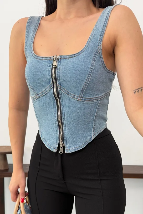 Fermuarlı Denim Büstiyer 411-25-(S-L-3)