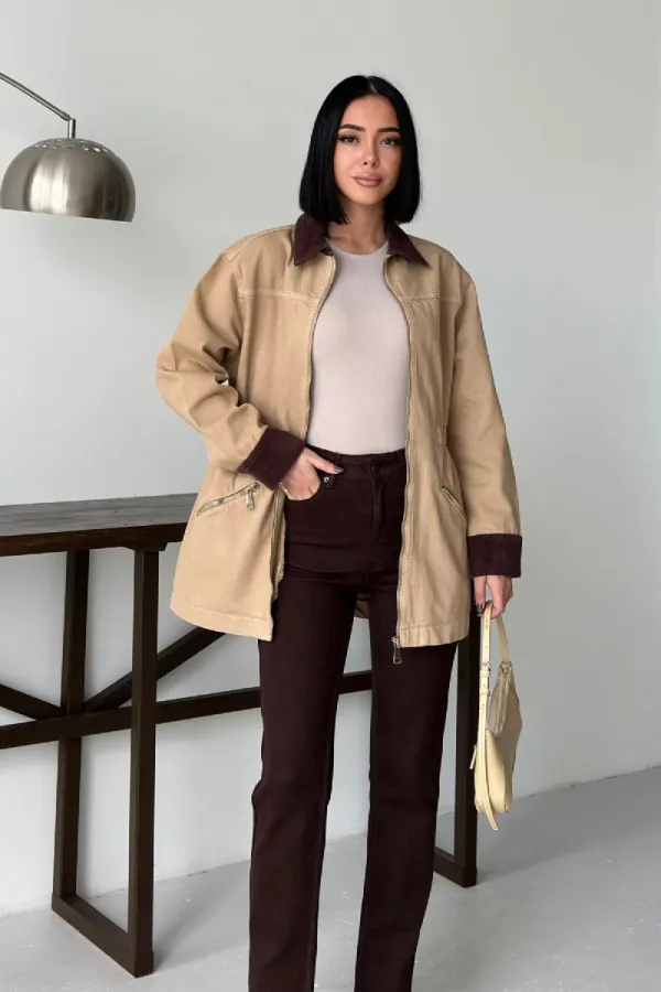 Velvet Piece Detailed Zippered Denim Jacket 6129-70-(S-XL) Camel