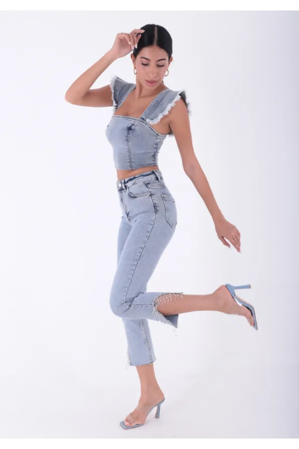 High Waisted Mom Jean with Rhinestones on Leg Hems Sides 1881-08-(26-28) Snow Light Blue High Waisted Mom Jean with Rhinestones on Leg Hems Sides 1881-08-(26-28) Snow Light Blue