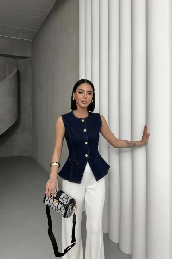 Belden Oturtmalı Düğmeli Kot Yelek 6086-17-(S-XL)