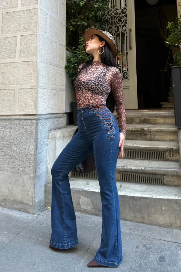 Side Tie Detailed Jeans 7095-26-(26-31) Regular Dark Blue