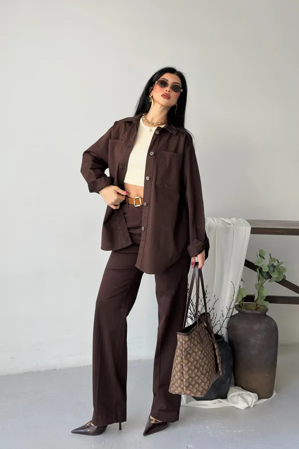 Oversize Denim Jacket with Buttons  6080-78-(S-L-3) Brown