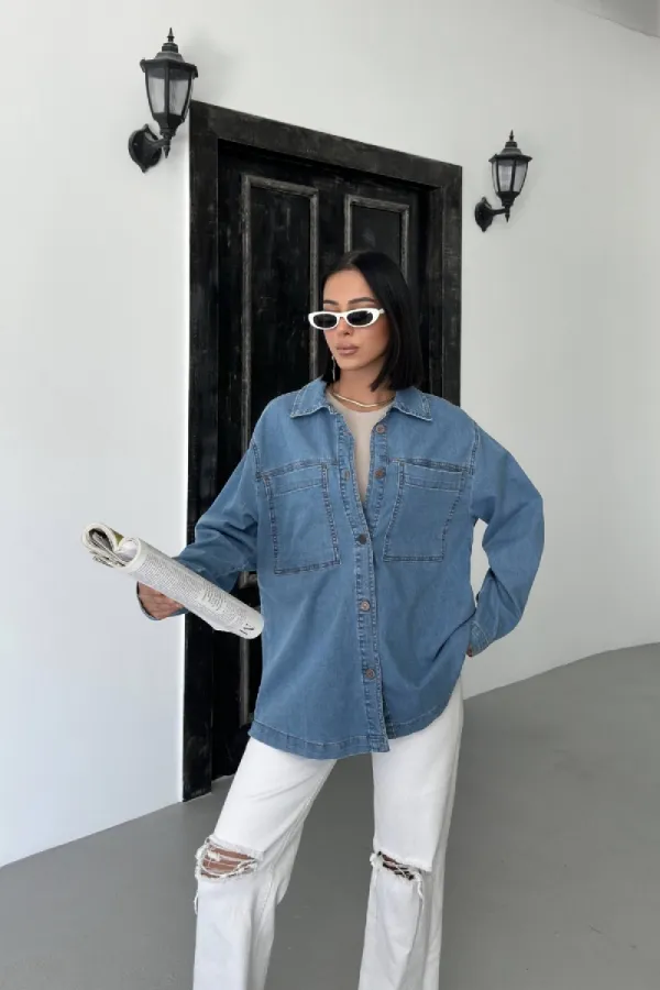 Denim Shirt with Pockets 6097-27-(S+L+3) Rinsed Blue