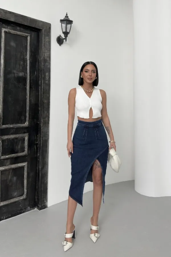 Asymmetric Medium Denim Skirt with Front Darts and Side Slit  122-26-(36-42-6-2) Regular Dark Blue