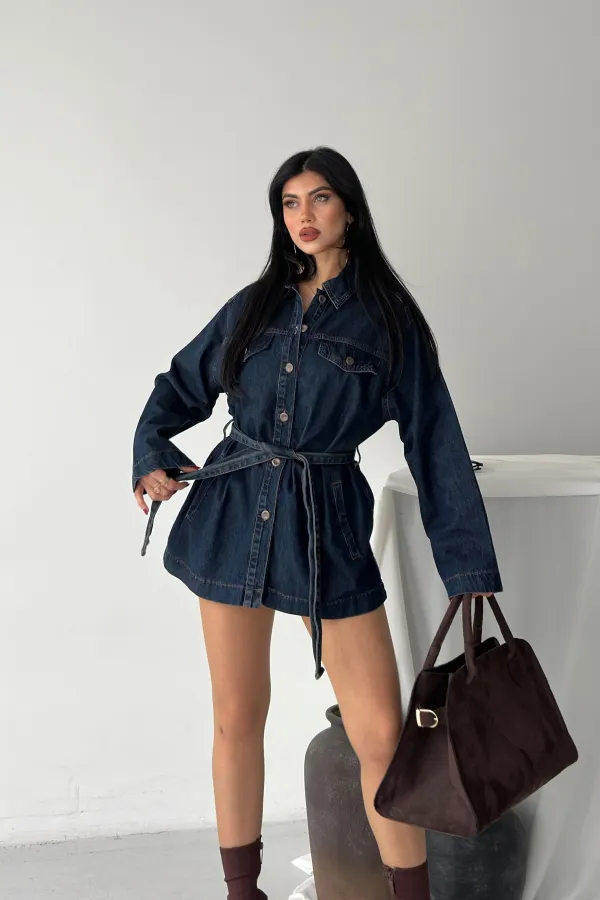 Belted Oversize Shirt 6250-19-(S-L-3) Dark Blue Intense Tinted