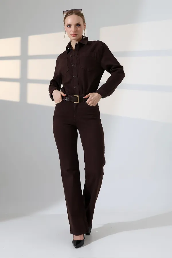 Classic Denim Jumpsuit with Elasticated Waist 3037-78-(S-L-3) Brown