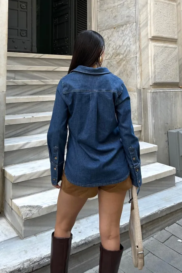 Kol Manşet Detaylı Kot Gömlek  6150-26-(S-XL)