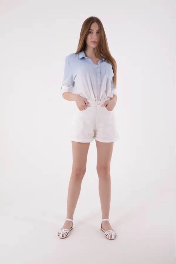 Double Folded Bottom Denim Short 292-50-(S-XL-6) White Double Folded Bottom Denim Short 292-50-(S-XL-6) White