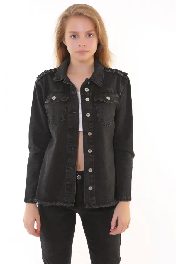 Kolu Bağcıklı Eteği Püsküllü Kot Ceket  618-03-(S-XL)