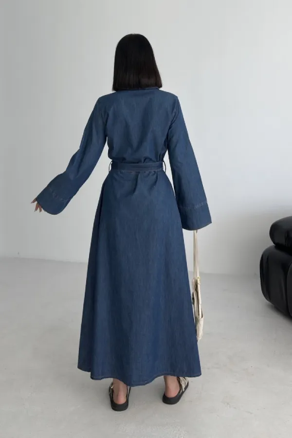 Düğmeli Uzun Boy Kot Elbise 3047-26-(S-XL)