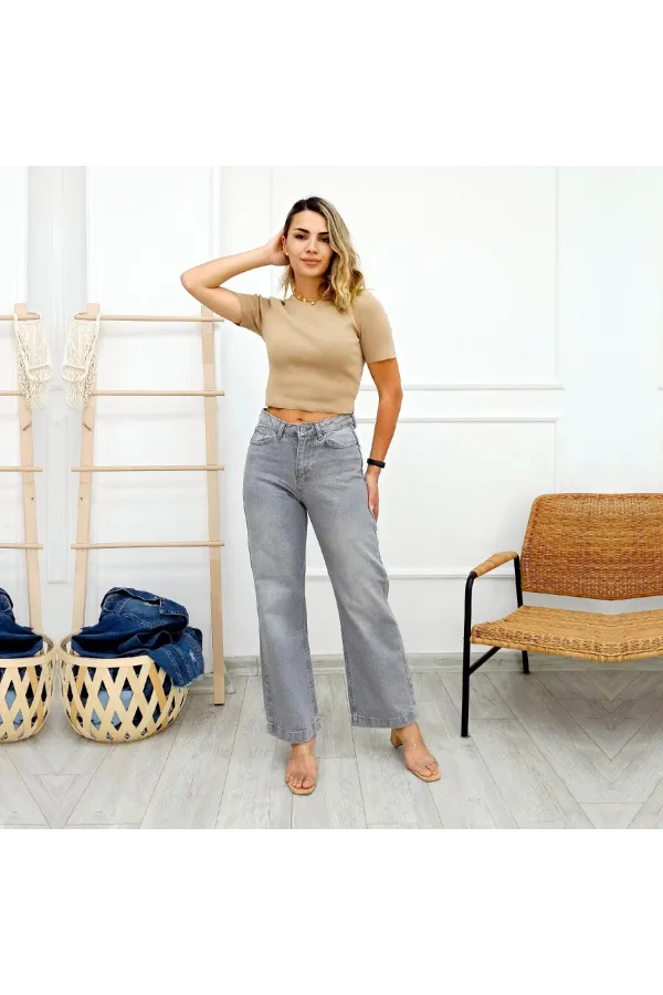 Wide Leg High Waisted Relaxed Jean  718-22-(28-33) Light Grey Denim