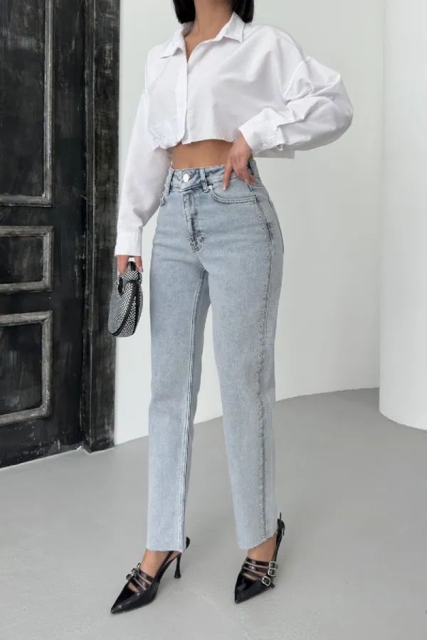 Şerit Taşlı Mom Fit Kot Pantolon 7110-08-(27-32) Şerit Taşlı Mom Fit Kot Pantolon 7110-08-(27-32)
