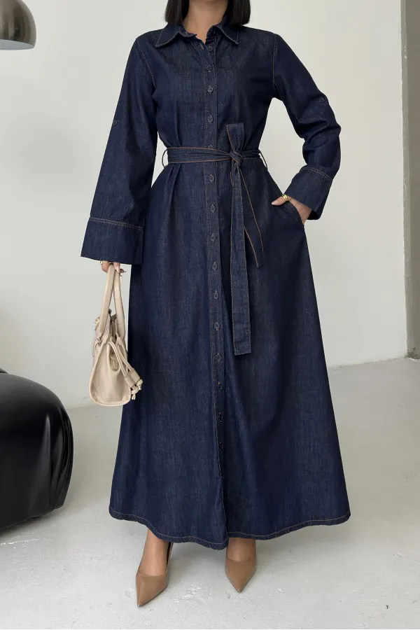 Düğmeli Uzun Boy Kot Elbise  3047-17-(S-XL)