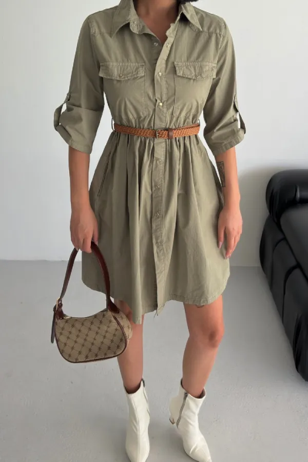 Büzgü Detaylı Kısa Kot Elbise 3040-74-(S-XL)