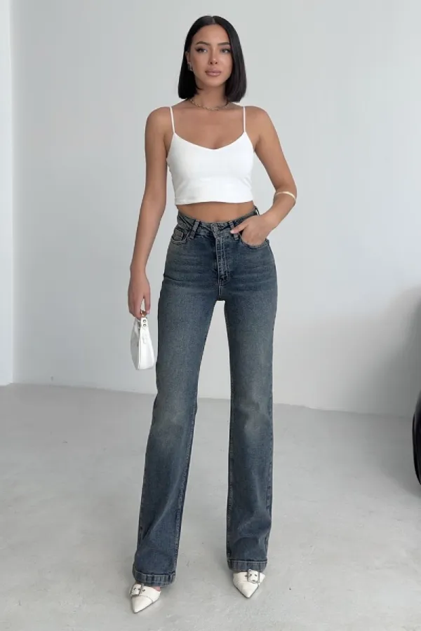 Stitched Hems Wide Leg Relaxed Jean  7026-62-(26-29-4) Middle Blue - Tinted